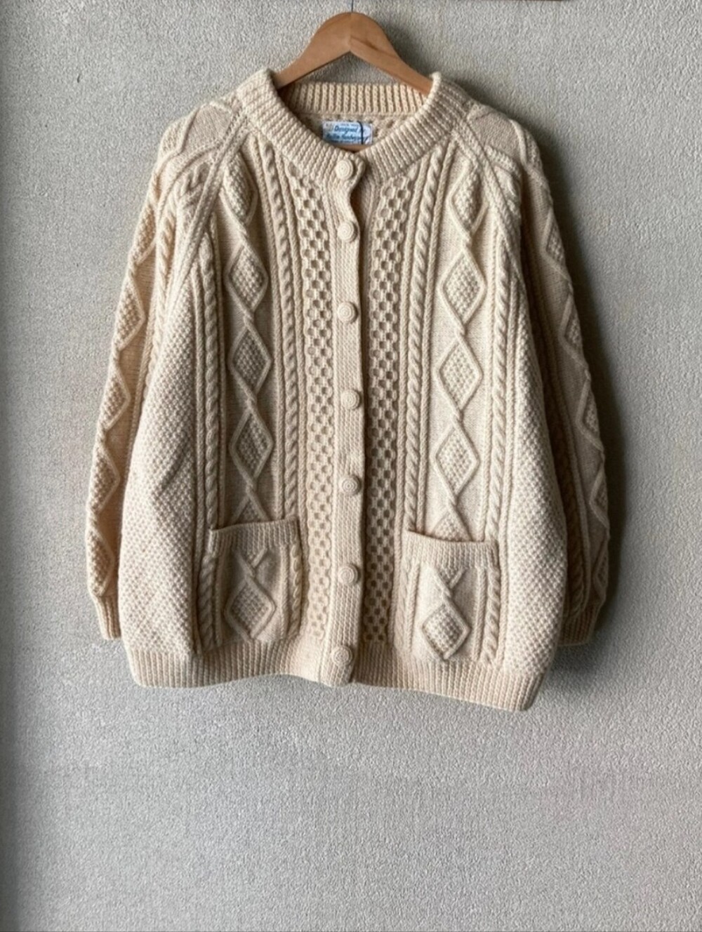 Vtg Hallim Handweavers Cable Aran knit Fisherman Cream Wool cardigan L